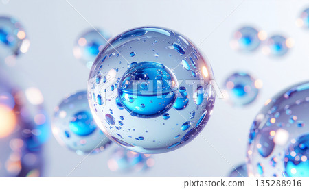 透明分子球體，內含藍色液態核心。 3D生物科技背景，展現尖端美容成分。 135288916