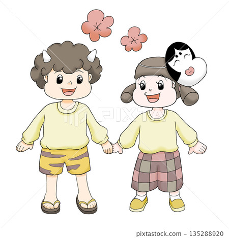 節分 男孩和女孩手牽手 節分 男孩和女孩手牽手 135288920