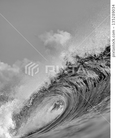 Close Perspective Revealing Textured Spray And Foam On Powerful Wave Close Perspective Revealing Textured Spray And Foam On Powerful Wave 135289034