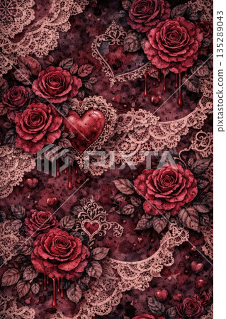 A romantic gothic background with lace roses and decorative heart frames 135289043