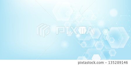 Health care or medical abstract background with hexagons, lines and dots. Scientific innovation banner template concept. Biology and pharmaceutical technology background. illustration. 135289146