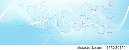 Health care or medical abstract background with hexagons, lines and dots. Scientific innovation banner template concept. Biology and pharmaceutical technology background. illustration. Health care or medical abstract background with hexagons, lines and dots. Scientific innovation banner template concept. Biology and pharmaceutical technology background. illustration. 135289151