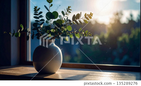 hite Ceramic Vase with Eucalyptus Branch. Mental Mindfulness Concept. Generated Image hite Ceramic Vase with Eucalyptus Branch. Mental Mindfulness Concept. Generated Image 135289276