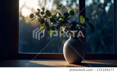 hite Ceramic Vase with Eucalyptus Branch. Mental Mindfulness Concept. Generated Image hite Ceramic Vase with Eucalyptus Branch. Mental Mindfulness Concept. Generated Image 135289277