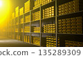 Generic gold reserve vault with stacks of gold bars. Bank vault with gold and cash. 3d rendering 135289309