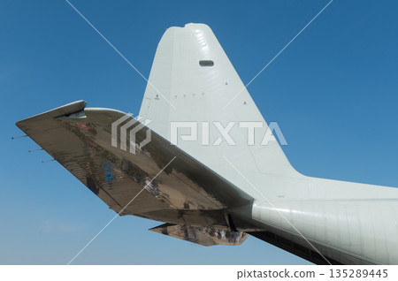Detailed view of the tail and vertical stabilizer of military aircraft 135289445