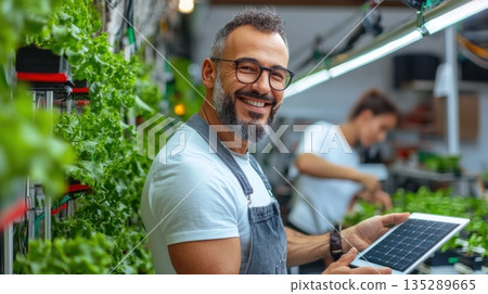 Startup founder standing proudly at a vertical farm with solar panels and digital sensors 135289665