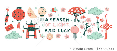 A Season of Light and Luck Chinese New Year Festive Banner with Lanterns and Blossoms 135289733