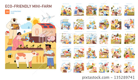 Vector illustration set showcasing eco-friendly mini-farming practices. Features various sustainable farming methods, renewable energy, and eco-conscious farming activities, promoting sustainability. 135289741