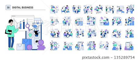 Vector illustration set depicting various digital business scenarios, including data analysis, teamwork, and ecommerce activities. Characters engage in tech-driven tasks and collaboration. 135289754