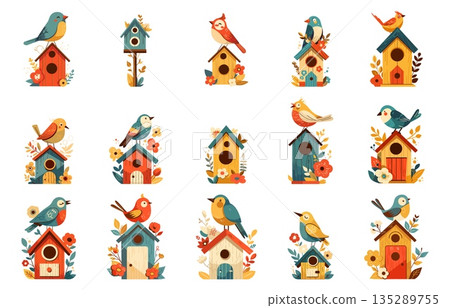 Set of cartoon cute birdhouses and birds next to them, decorated with flowers and plants, wooden building, doors and windows to the house, housing for a bird, vector illustration Set of cartoon cute birdhouses and birds next to them, decorated with flowers and plants, wooden building, doors and windows to the house, housing for a bird, vector illustration 135289755