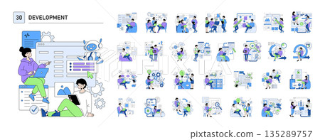 Vector illustration of people interacting with technology and an AI robot, symbolizing software development. Various scenes depict collaboration, coding, and innovation in a tech environment. 135289757