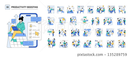 Productivity boosting vector illustration depicts a person confidently using a laptop while seated on a calendar. This creative visual symbolizes time management and efficient planning. 135289759