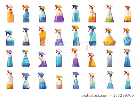 Set of cartoon cleaning products in various bottles of different shapes and sizes, household chemicals, house cleaning, spray bottle, cleaning liquid, different colors, vector illustration Set of cartoon cleaning products in various bottles of different shapes and sizes, household chemicals, house cleaning, spray bottle, cleaning liquid, different colors, vector illustration 135289760