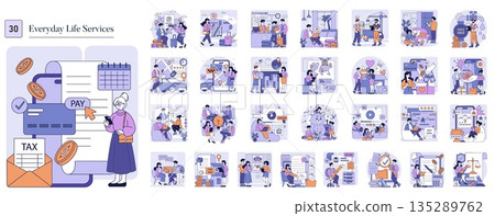 Everyday life services vector illustration depicting various daily activities such as bill payment, travel booking, and shopping. Simplistic design focuses on the continuity of essential services. Everyday life services vector illustration depicting various daily activities such as bill payment, travel booking, and shopping. Simplistic design focuses on the continuity of essential services. 135289762