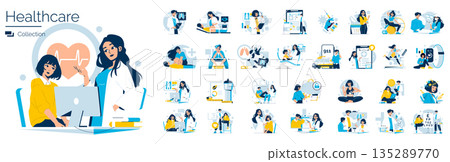 Healthcare professionals are engaged in a discussion about patient care, highlighting key medical treatment practices. This vector illustration emphasizes teamwork and communication in healthcare 135289770