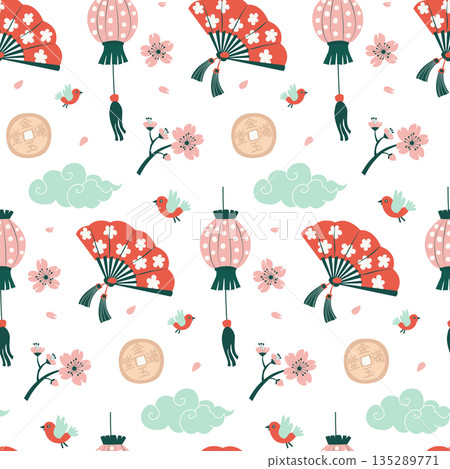 Chinese New Year Seamless Pattern with Lanterns, Fans and Cherry Blossoms Chinese New Year Seamless Pattern with Lanterns, Fans and Cherry Blossoms 135289771
