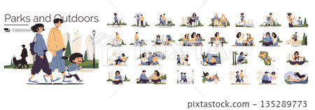 Vector illustration collection depicting diverse scenes of people engaging in various outdoor and park activities. Includes walking, cycling, relaxing, and socializing in vibrant settings. Vector illustration collection depicting diverse scenes of people engaging in various outdoor and park activities. Includes walking, cycling, relaxing, and socializing in vibrant settings. 135289773