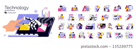 Technology and AI interaction illustration depicting human and robotic hands reaching towards a digital interface. Includes various icons highlighting tech innovation and interaction. 135289775