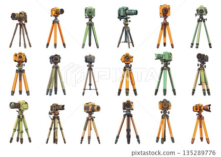 Set of cartoon cameras mounted on tripods, photographers equipment, shooting kit, different lenses and housings, static shooting, modern technology, vector illustration 135289776