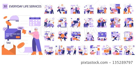 Collection of 30 vector illustrations depicting everyday life services, including online shopping, travel booking, and banking. Designs feature diverse activities and modern technology usage. Collection of 30 vector illustrations depicting everyday life services, including online shopping, travel booking, and banking. Designs feature diverse activities and modern technology usage. 135289797