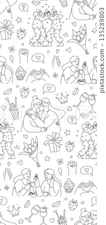 Galentines Day Seamless Pattern, Women Friendship Line Art Vector Illustration 135289803