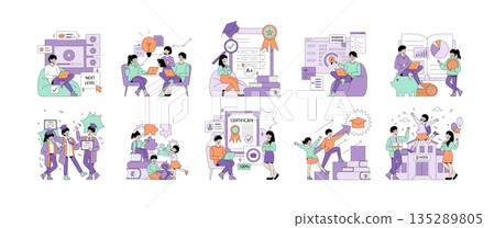 Vector illustration depicting students engaging in learning activities, achieving academic success, and celebrating graduation. Scenes include teamwork, coding, financial literacy, and graduation joy. Vector illustration depicting students engaging in learning activities, achieving academic success, and celebrating graduation. Scenes include teamwork, coding, financial literacy, and graduation joy. 135289805