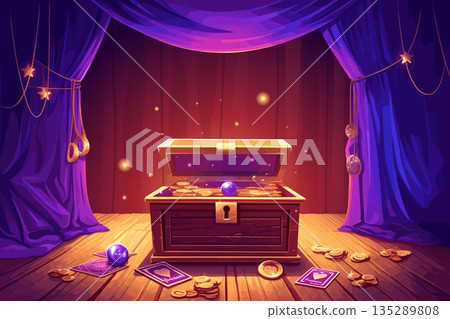 Cartoon wooden luxury chest with golden coins, magic balls and cards standing on wooden stage with purple curtain, magic concept, magician set, vector illustration 135289808