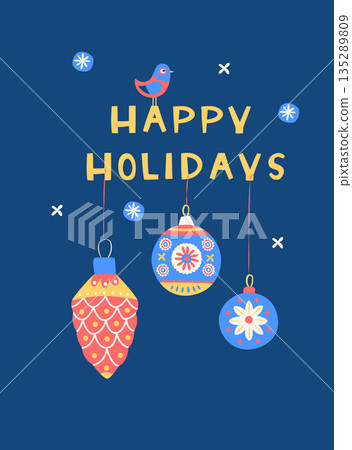 Happy Holidays Folk Art Card, Scandinavian Winter Illustration with Ornaments and Bird 135289809