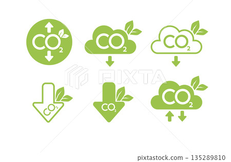 CO2 neutral icon set. Carbon gas emission reduction green labels. Ecology, environment, air pollution improvement concept. Flat Vector CO2 neutral icon set. Carbon gas emission reduction green labels. Ecology, environment, air pollution improvement concept. Flat Vector 135289810