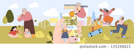 Vector illustration showing children and elderly engaging in outdoor activities and digital financial transactions. A cheerful scene combining technology, play, and connection across generations. 135289821