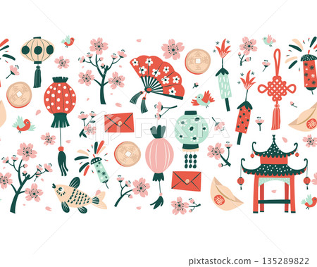 Spring Blossom Festival seamless pattern, Lanterns, Sakura, and Fireworks seamless border 135289822