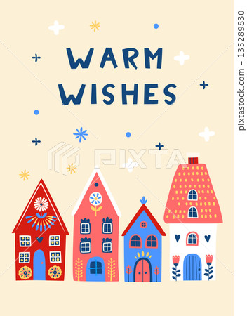 Scandi Christmas Village at Night, Cozy Happy Holidays Illustration Scandi Christmas Village at Night, Cozy Happy Holidays Illustration 135289830