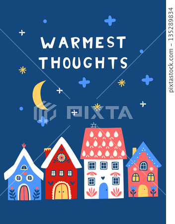 Scandi Christmas Village at Night, Cozy Happy Holidays Illustration Scandi Christmas Village at Night, Cozy Happy Holidays Illustration 135289834
