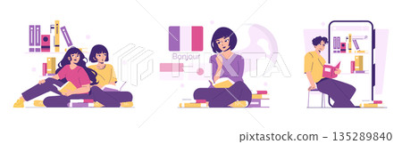 Vector illustration featuring diverse individuals engaging in reading and study activities. They are surrounded by books, highlighting cultural learning and language diversity in an educational Vector illustration featuring diverse individuals engaging in reading and study activities. They are surrounded by books, highlighting cultural learning and language diversity in an educational 135289840