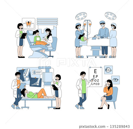 Vector illustration set showcasing medical and dental scenarios. Includes a dentist treating a patient, surgeons in an operating room, X-ray analysis, and an eye examination, highlighting healthcare 135289843