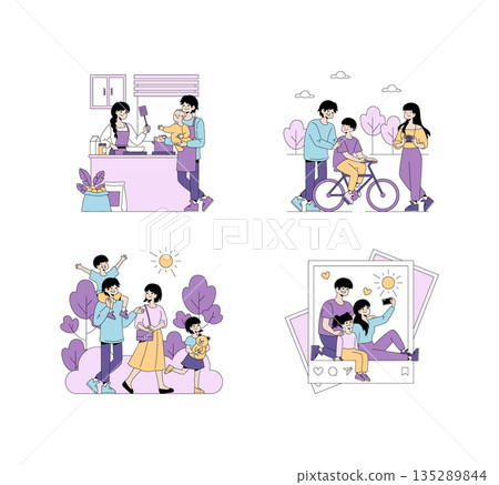 Vector illustration set of family activities, including a family cooking together, cycling, taking a selfie, and enjoying a walk outdoors. Perfect for representing family fun and bonding. Vector illustration set of family activities, including a family cooking together, cycling, taking a selfie, and enjoying a walk outdoors. Perfect for representing family fun and bonding. 135289844