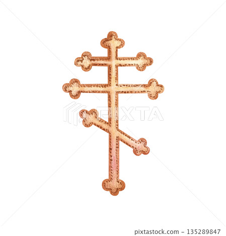 Eight-pointed cross. Symbol of Christian faith, Eastern Orthodoxy, spirituality. Traditional design with upper crossbar and oblique lower footstool. Hand drawn illustration, isolated from background Eight-pointed cross. Symbol of Christian faith, Eastern Orthodoxy, spirituality. Traditional design with upper crossbar and oblique lower footstool. Hand drawn illustration, isolated from background 135289847