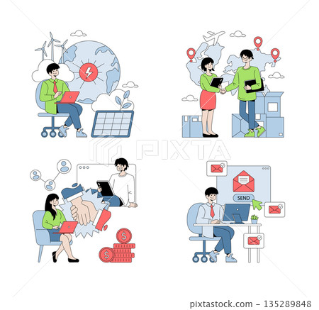 Vector illustration featuring business collaboration, remote work, and renewable energy themes. Scenes depict professionals engaged in discussions, computing, and promoting sustainable solutions. Vector illustration featuring business collaboration, remote work, and renewable energy themes. Scenes depict professionals engaged in discussions, computing, and promoting sustainable solutions. 135289848