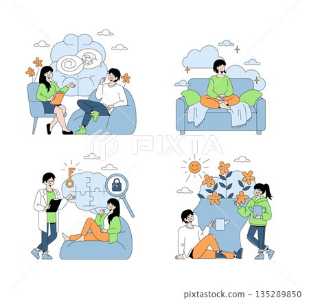 Set of vector illustrations depicting mental health and wellness activities. Scenes include therapy discussion, meditation practice, problem-solving, and positive growth. Ideal for health-related 135289850