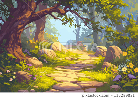 Cartoon stone path in a fairytale forest among trees, bushes and stones, flowers and grass, fairytale journey, adventure road, cozy summer day, vector illustration 135289851