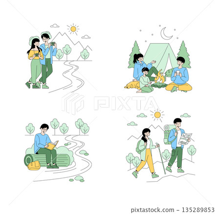 Vector illustration set of outdoor activities, including hiking, camping, and reading in nature. Features people exploring, camping by a fire, and enjoying scenic landscapes. Ideal for travel themes. Vector illustration set of outdoor activities, including hiking, camping, and reading in nature. Features people exploring, camping by a fire, and enjoying scenic landscapes. Ideal for travel themes. 135289853