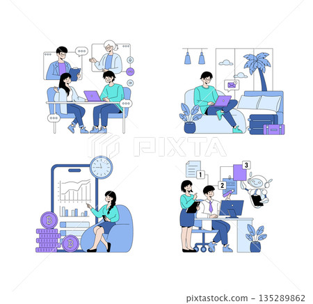 Vector illustration set showcasing various digital collaboration scenes. Includes remote work from home, online meetings, cryptocurrency analysis, and teamwork with AI assistance. 135289862