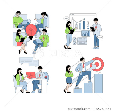 Vector illustration of a business team engaged in discussions and planning. Depicts teamwork, data analysis, and strategic goal setting with charts and target graphics. 135289865