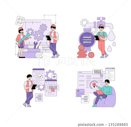 Vector illustration set featuring engineering and programming concepts. Includes scenes with individuals engaged in design, coding, and data management using digital tools and machinery. 135289883