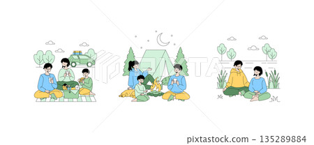 Vector illustration series showing a family enjoying outdoor activities. Scenes include a picnic by the car, camping by a tent, and peaceful meditation by nature, capturing family bonding. 135289884