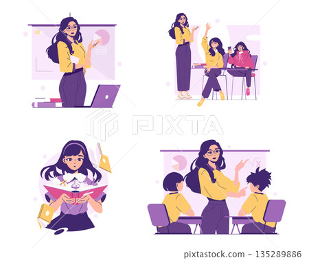 Vector illustration depicting an interactive classroom scene with a teacher leading a discussion. Students are listening attentively and actively participating, demonstrating engagement. Vector illustration depicting an interactive classroom scene with a teacher leading a discussion. Students are listening attentively and actively participating, demonstrating engagement. 135289886