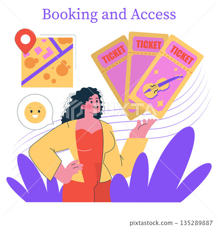 Vector illustration showing a cheerful woman holding concert tickets with a location map. Ideal for concepts of booking, event planning, and ticket access. Vector illustration showing a cheerful woman holding concert tickets with a location map. Ideal for concepts of booking, event planning, and ticket access. 135289887