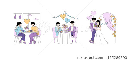 Vector illustration series showing a couple's romantic journey from casual dining to a beautifully decorated wedding. Each scene captures love in various heartfelt moments, emphasizing connection. Vector illustration series showing a couple's romantic journey from casual dining to a beautifully decorated wedding. Each scene captures love in various heartfelt moments, emphasizing connection. 135289890