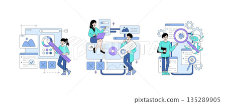 Vector illustration of individuals engaging in web development tasks. Scenes include designing, coding, and deploying features. Ideal for showcasing creativity in digital work. 135289905